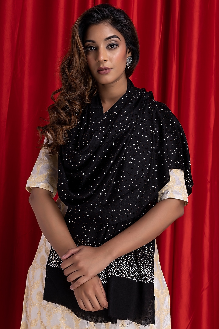Black Wool Embellished Shawl by Geroo Jaipur Accessories at Pernia's Pop Up Shop