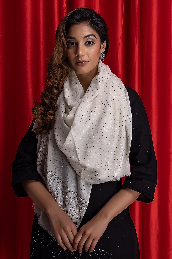 Off-White Wool Embellished Shawl by Geroo Jaipur Accessories at Pernia's Pop Up Shop
