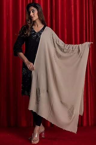 Beige Wool Embellished Shawl by Geroo Jaipur Accessories