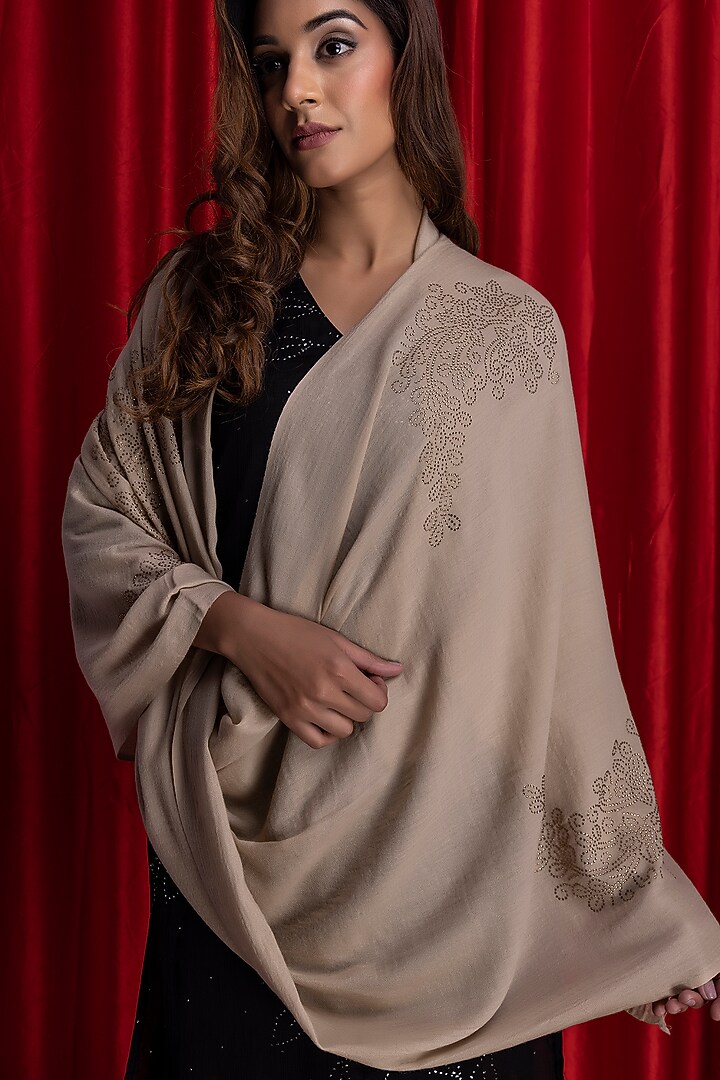 Beige Wool Embellished Shawl by Geroo Jaipur Accessories at Pernia's Pop Up Shop