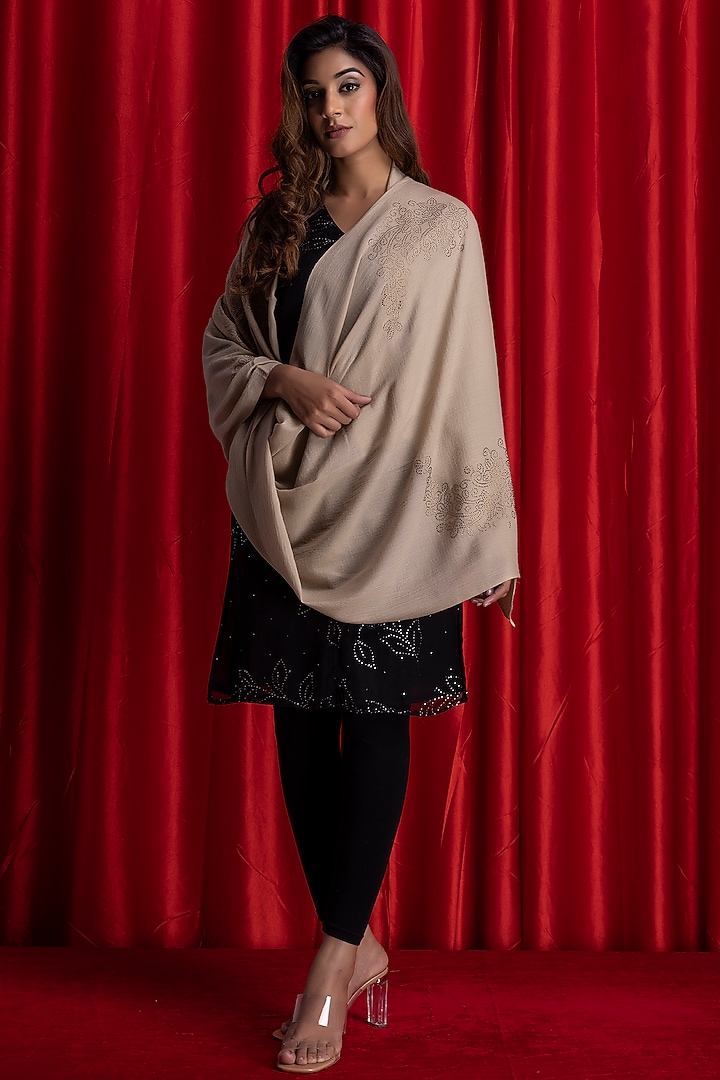 Beige Wool Embellished Shawl by Geroo Jaipur Accessories at Pernia's Pop Up Shop