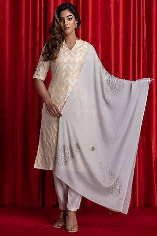 Light Grey Wool Embellished Shawl by Geroo Jaipur Accessories