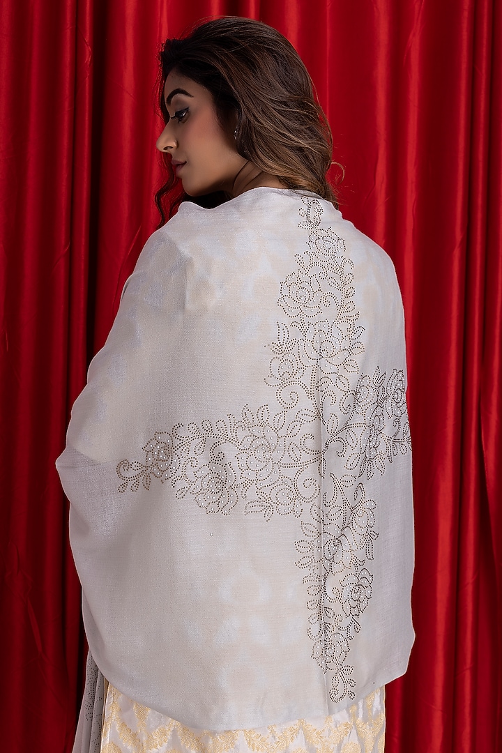 Light Grey Wool Embellished Shawl by Geroo Jaipur Accessories at Pernia's Pop Up Shop