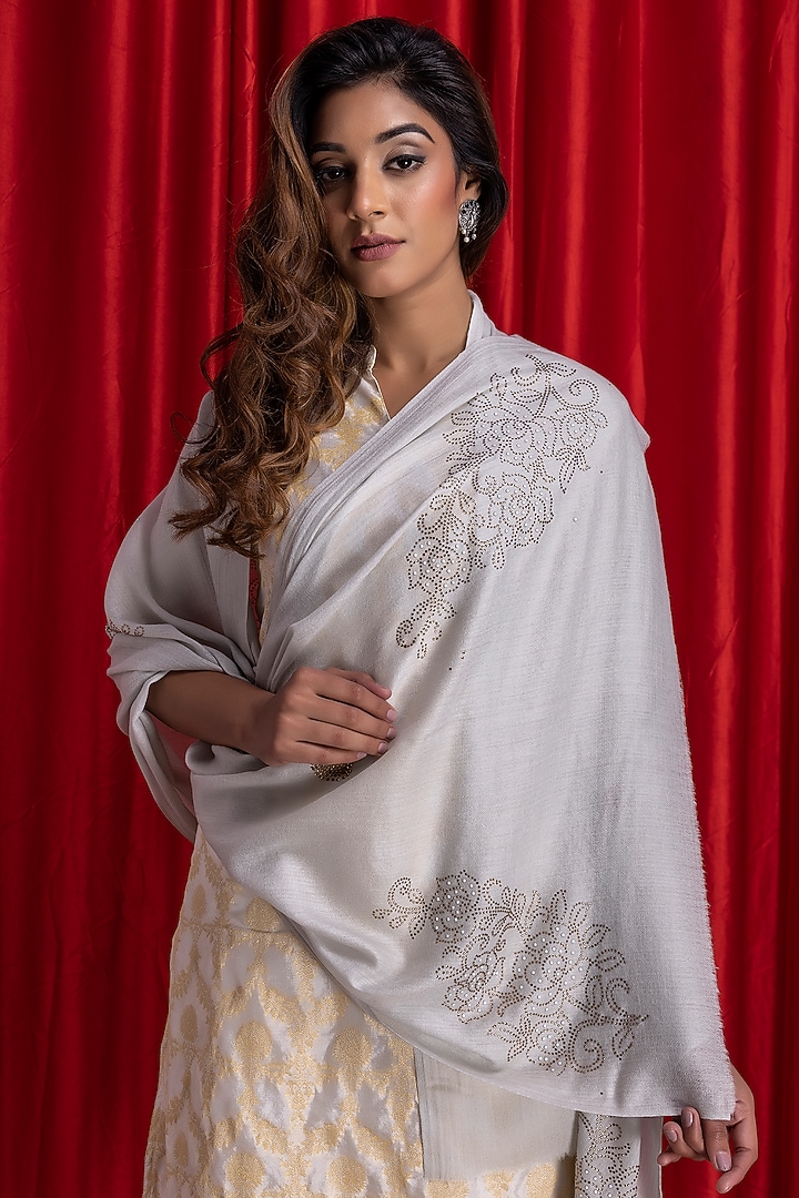 Light Grey Wool Embellished Shawl by Geroo Jaipur Accessories at Pernia's Pop Up Shop