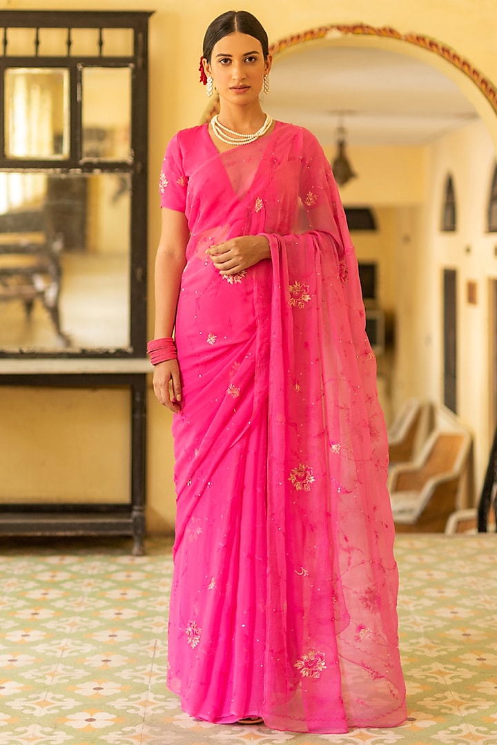 Pink Chiffon Hand Embellished Party Wear Saree Set by Geroo Jaipur at Pernia's Pop Up Shop