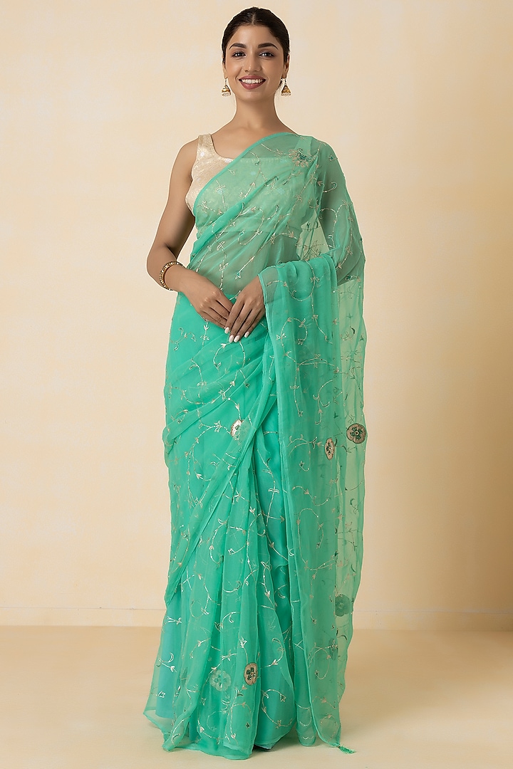Green Chiffon Aari Hand Embellished Saree Set by Geroo Jaipur