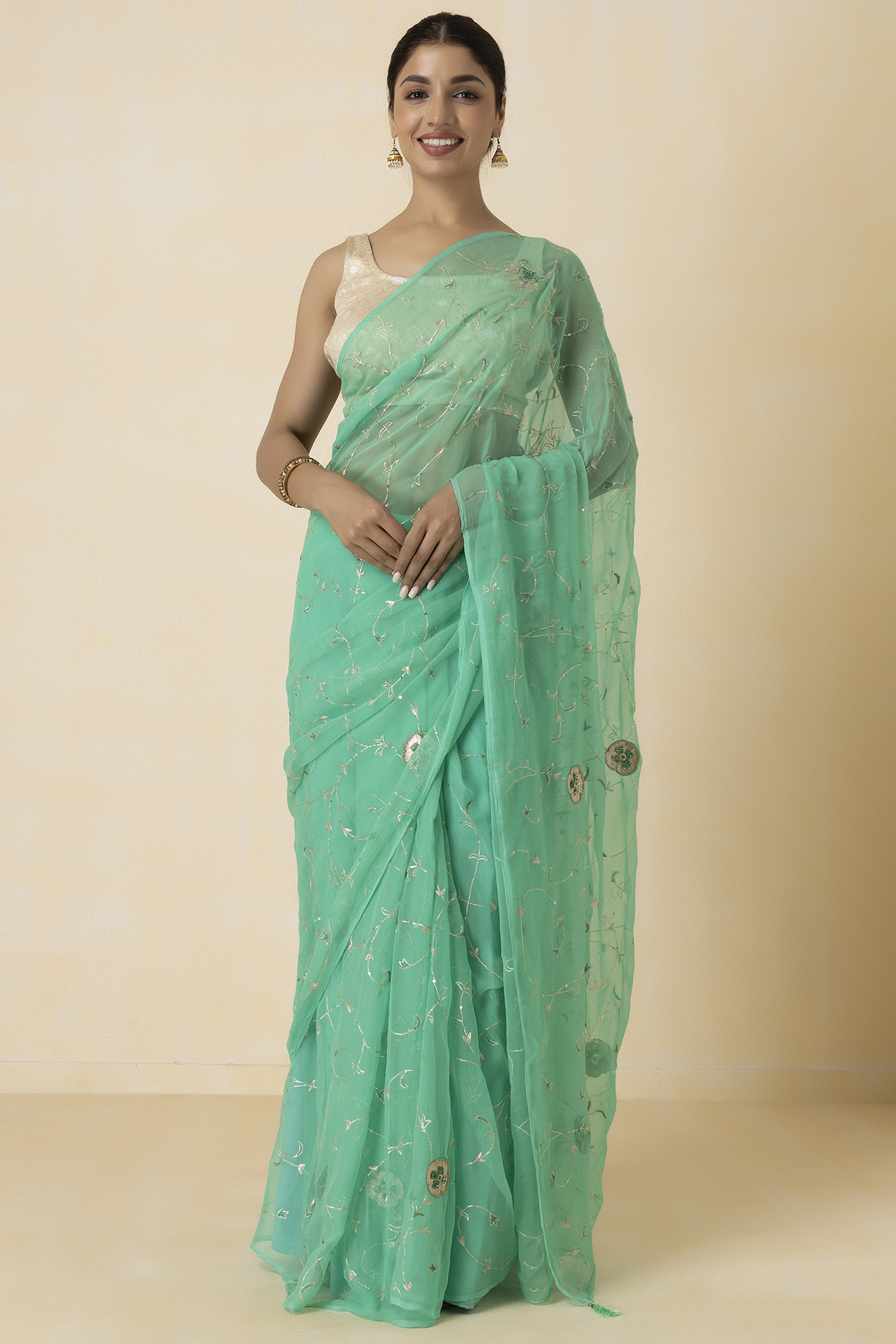 Green Chiffon Aari Hand Embellished Saree Set by Geroo Jaipur