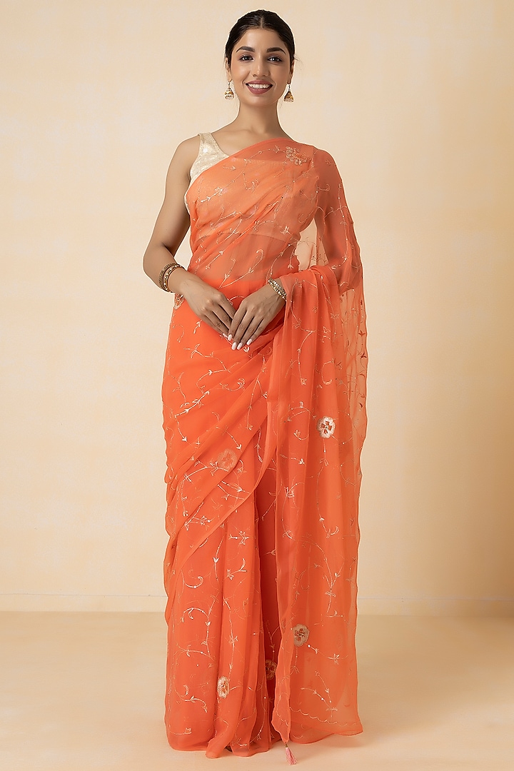 Orange Chiffon Hand Embellished Saree Set by Geroo Jaipur