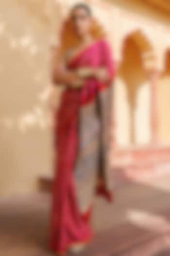 Magenta Pink Gajji Silk Hand Block Printed Bandhani Saree Set by Geroo Jaipur