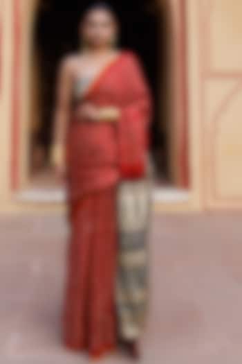 Red Gajji Silk Ajrakh Hand Block Printed Bandhani Saree Set by Geroo Jaipur
