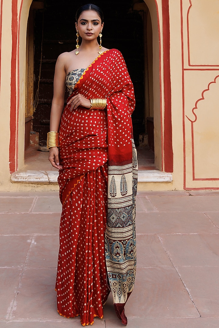 Red Gajji Silk Ajrakh Hand Block Printed Bandhani Saree Set by Geroo Jaipur