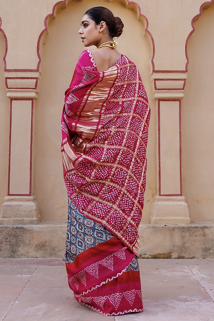 Pink Gajji Silk Ajrakh Hand Block Printed Bandhani Wedding Saree Set by Geroo Jaipur at Pernia's Pop Up Shop