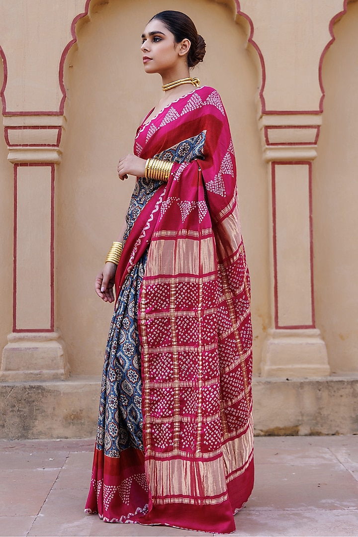 Pink Gajji Silk Ajrakh Hand Block Printed Bandhani Wedding Saree Set by Geroo Jaipur at Pernia's Pop Up Shop