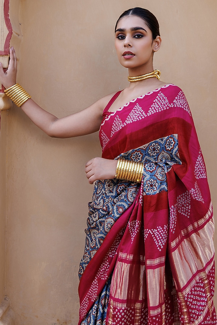 Pink Gajji Silk Ajrakh Hand Block Printed Bandhani Wedding Saree Set by Geroo Jaipur at Pernia's Pop Up Shop