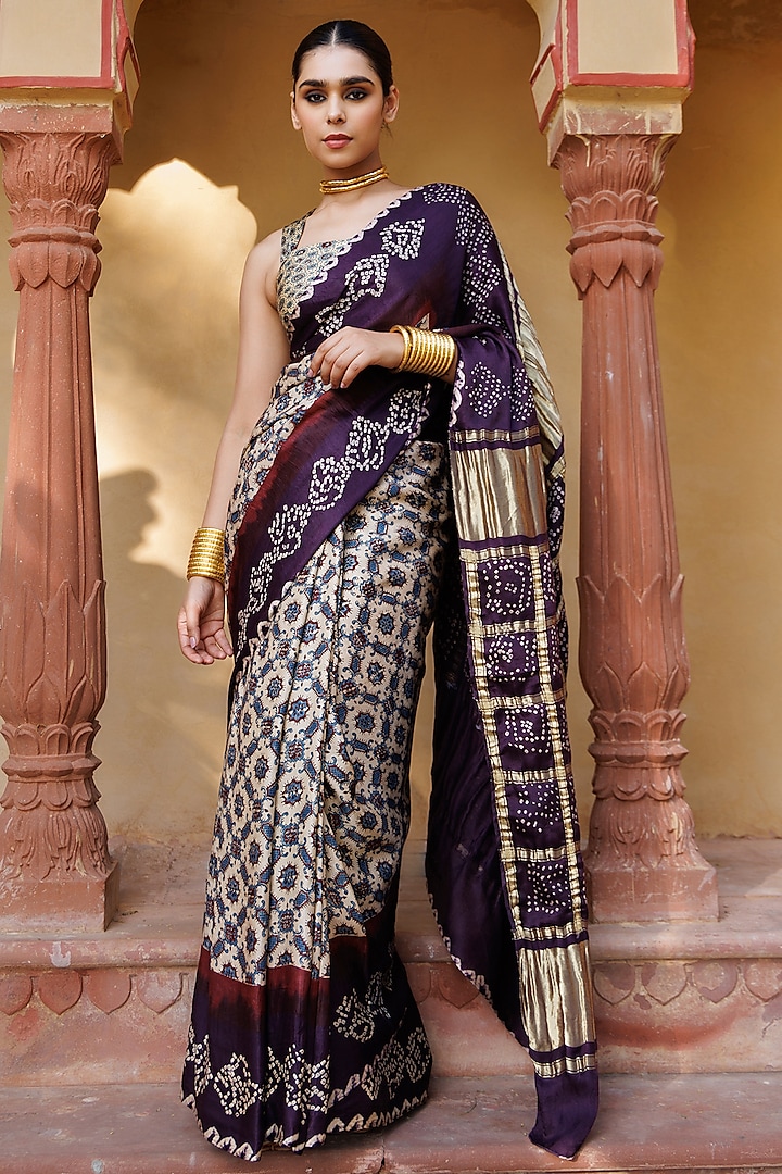 Wine Gajji Silk Ajrakh Hand Block Printed Bandhani Saree Set by Geroo Jaipur