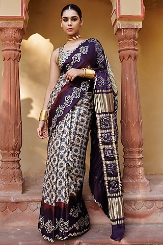 Wine Gajji Silk Ajrakh Hand Block Printed Bandhani Saree Set by Geroo Jaipur