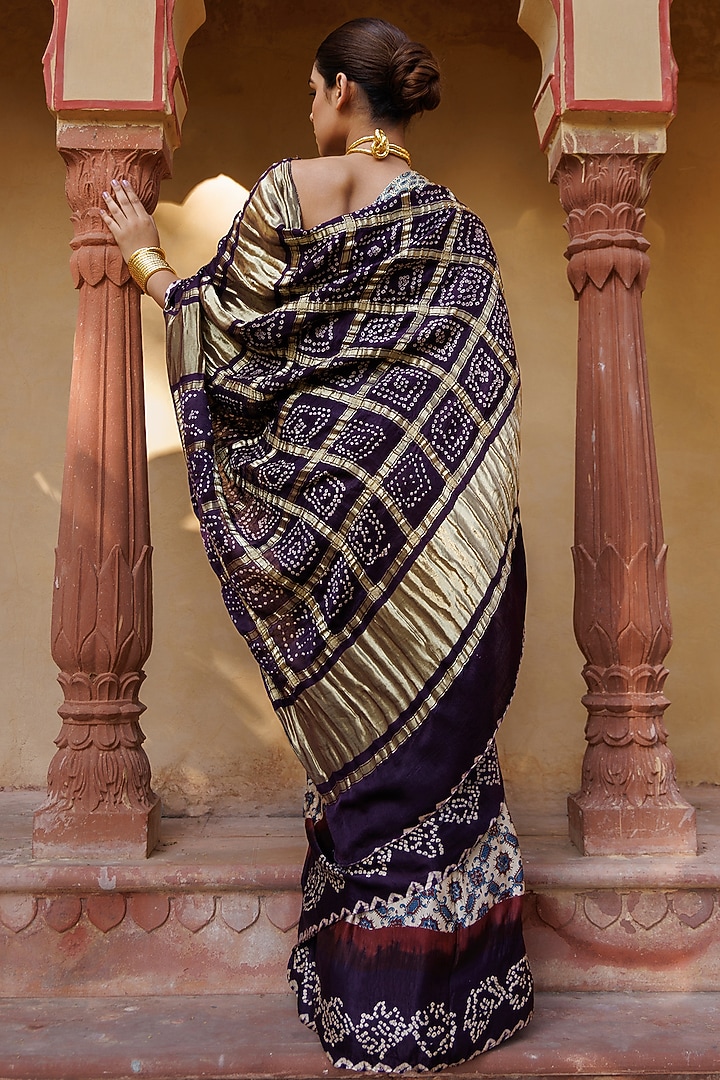 Wine Gajji Silk Ajrakh Hand Block Printed Bandhani Wedding Saree Set by Geroo Jaipur at Pernia's Pop Up Shop