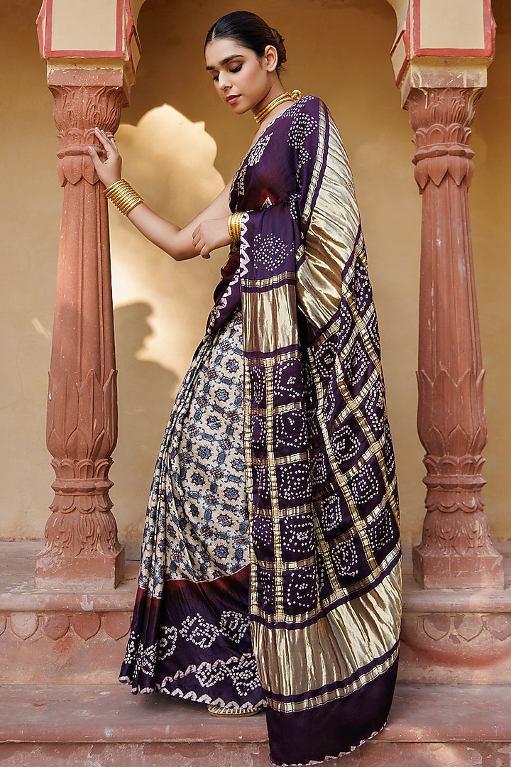 Wine Gajji Silk Ajrakh Hand Block Printed Bandhani Wedding Saree Set by Geroo Jaipur at Pernia's Pop Up Shop