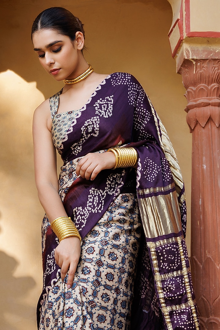 Wine Gajji Silk Ajrakh Hand Block Printed Bandhani Wedding Saree Set by Geroo Jaipur at Pernia's Pop Up Shop