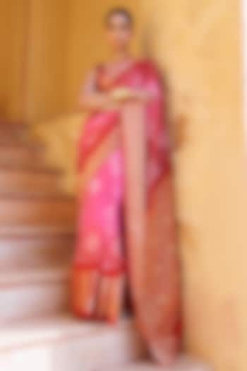 Red & Pink Gajji Silk Kanjivaram Bandhani Saree Set by Geroo Jaipur
