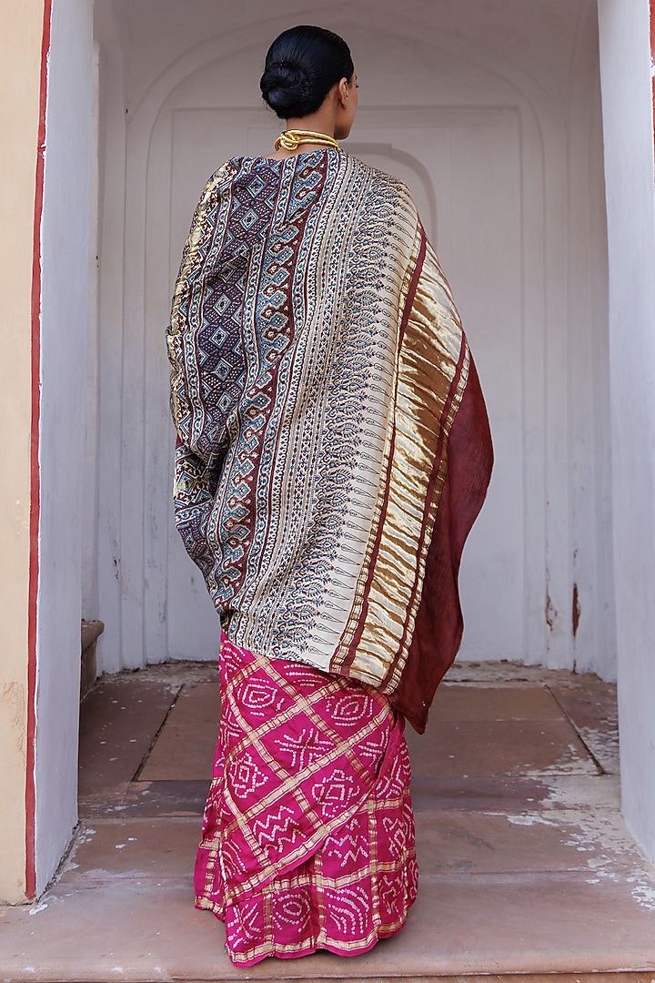 Pink Gajji Silk Ajrakh Hand Block Printed Gharchola Bandhani Wedding Saree Set by Geroo Jaipur at Pernia's Pop Up Shop