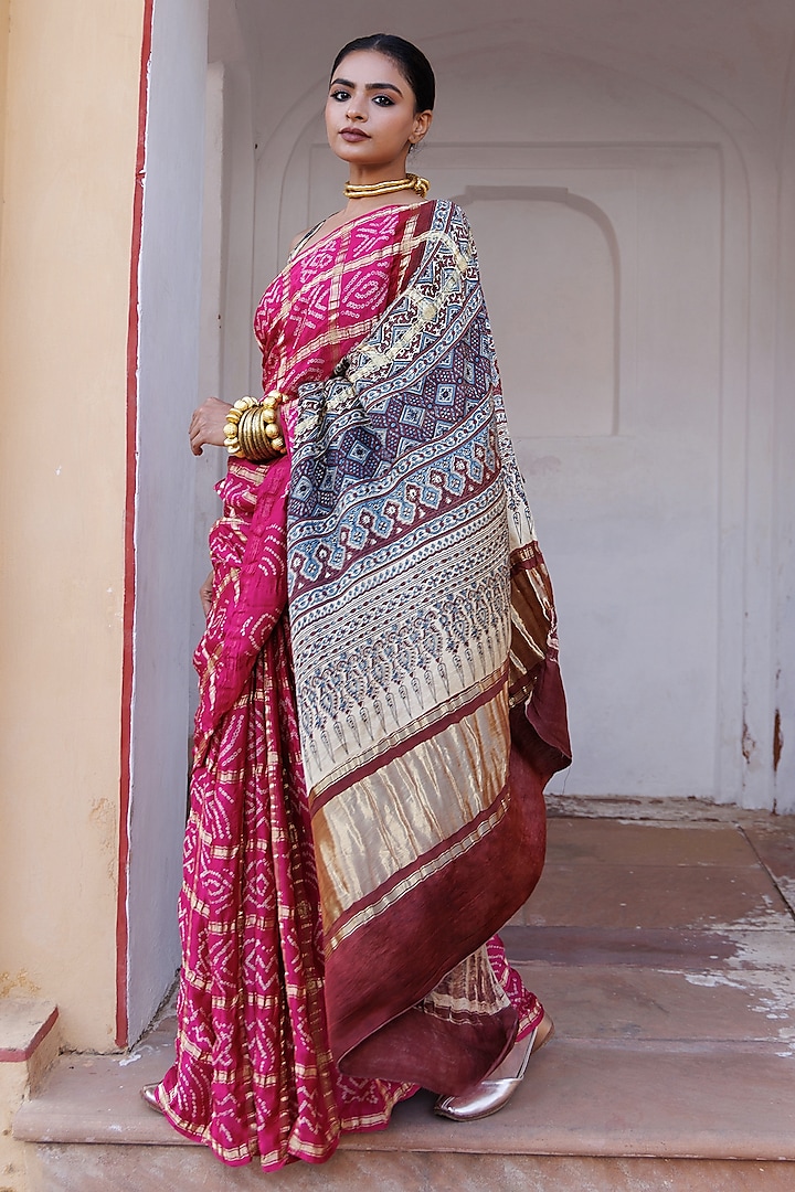 Pink Gajji Silk Ajrakh Hand Block Printed Gharchola Bandhani Wedding Saree Set by Geroo Jaipur at Pernia's Pop Up Shop