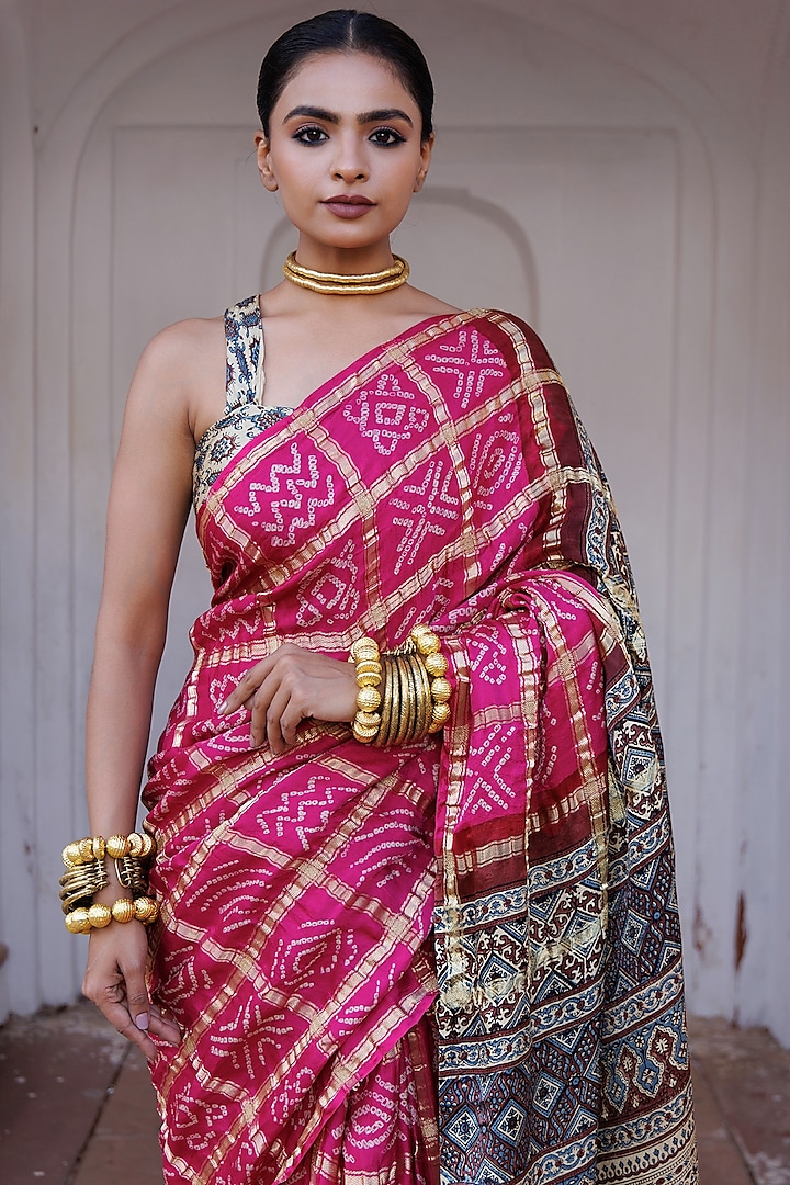 Pink Gajji Silk Ajrakh Hand Block Printed Gharchola Bandhani Wedding Saree Set by Geroo Jaipur at Pernia's Pop Up Shop