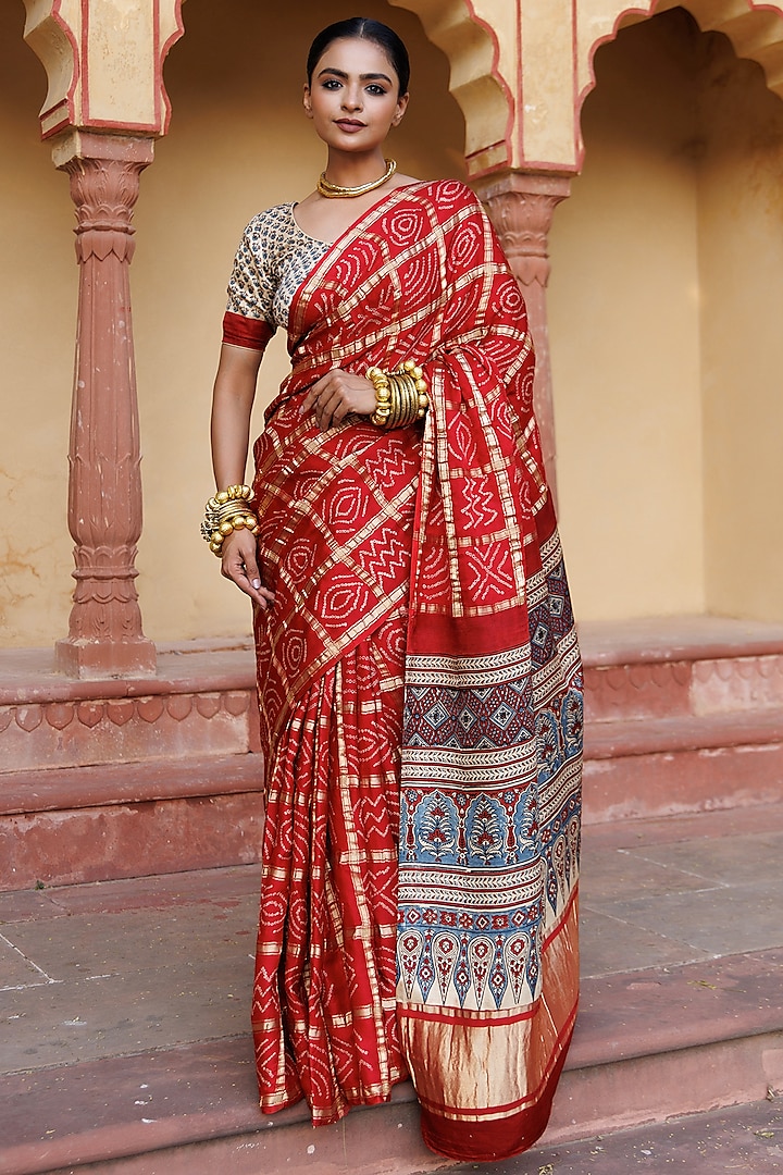 Red Gajji Silk Ajrakh Hand Block Printed Gharchola Bandhani Saree Set by Geroo Jaipur at Pernia's Pop Up Shop