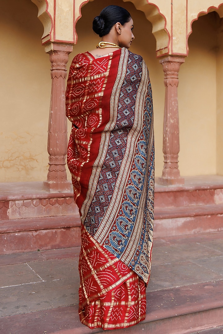 Red Gajji Silk Ajrakh Hand Block Printed Gharchola Bandhani Wedding Saree Set by Geroo Jaipur at Pernia's Pop Up Shop