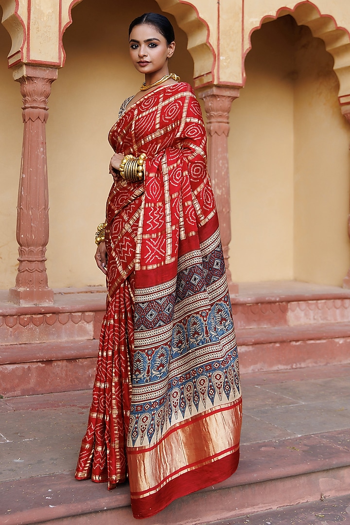 Red Gajji Silk Ajrakh Hand Block Printed Gharchola Bandhani Wedding Saree Set by Geroo Jaipur at Pernia's Pop Up Shop