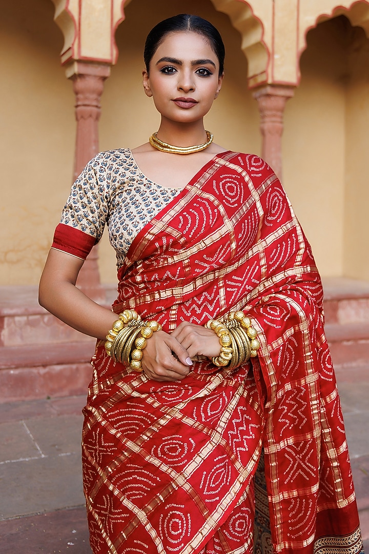 Red Gajji Silk Ajrakh Hand Block Printed Gharchola Bandhani Wedding Saree Set by Geroo Jaipur at Pernia's Pop Up Shop