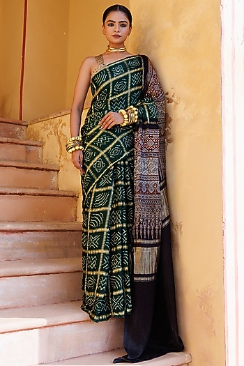 Green Gajji Silk Ajrakh Hand Block Printed Gharchola Bandhani Wedding Saree Set by Geroo Jaipur at Pernia's Pop Up Shop