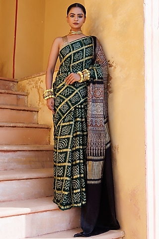 Green Gajji Silk Ajrakh Hand Block Printed Gharchola Bandhani Saree Set by Geroo Jaipur