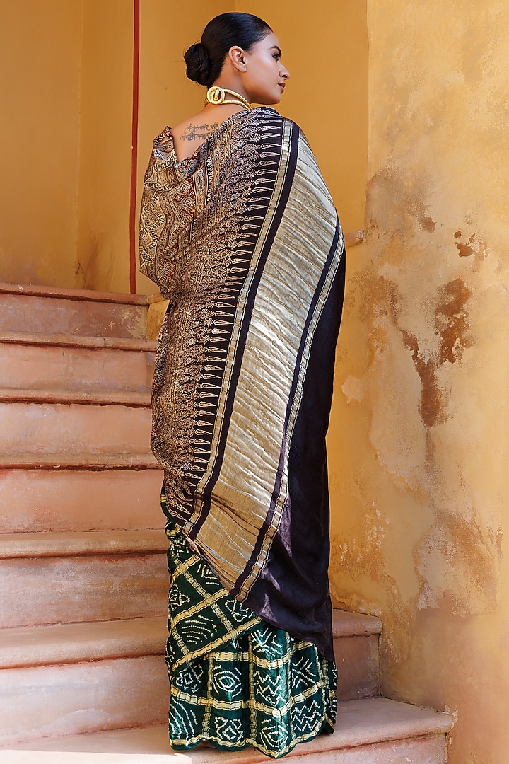 Green Gajji Silk Ajrakh Hand Block Printed Gharchola Bandhani Wedding Saree Set by Geroo Jaipur at Pernia's Pop Up Shop