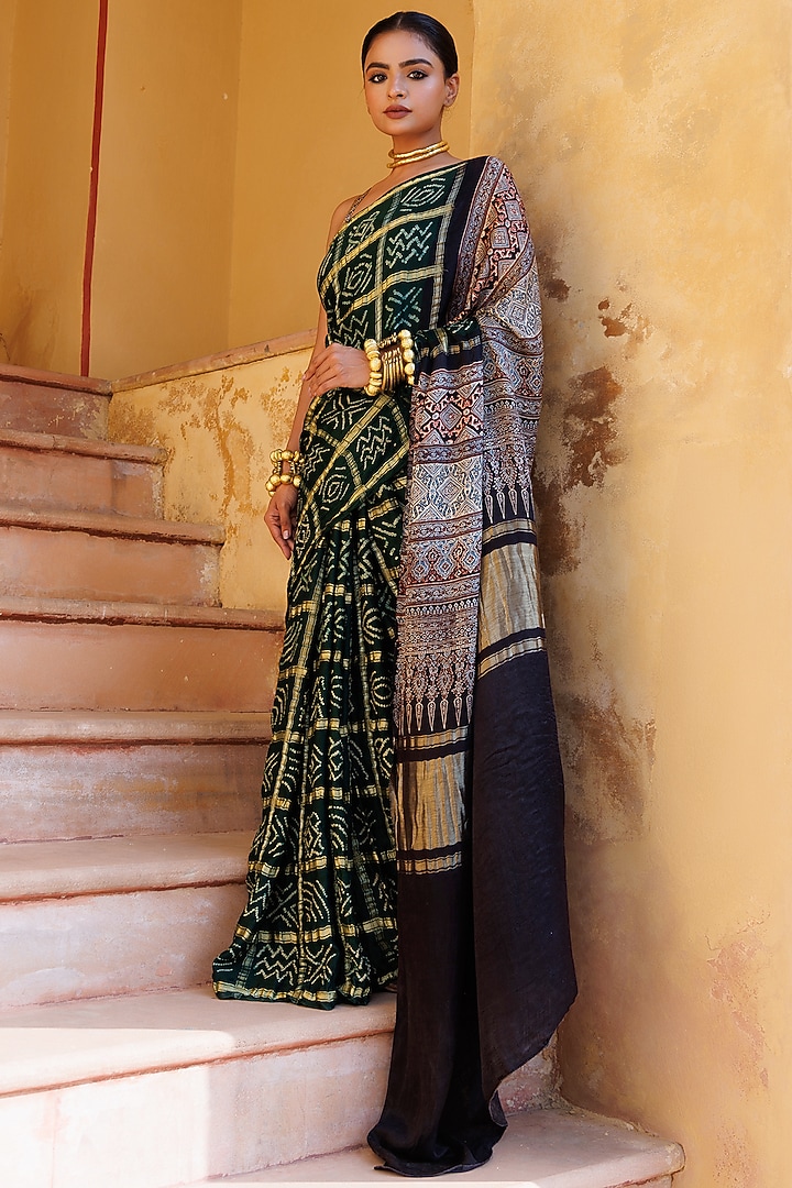 Green Gajji Silk Ajrakh Hand Block Printed Gharchola Bandhani Wedding Saree Set by Geroo Jaipur at Pernia's Pop Up Shop
