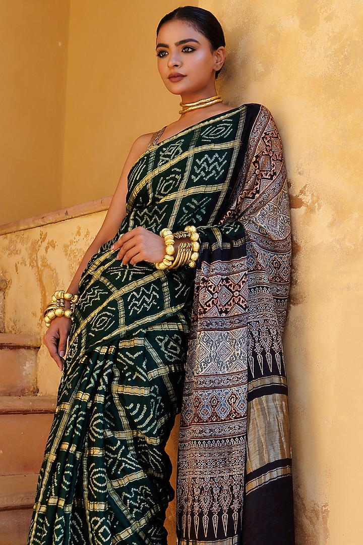 Green Gajji Silk Ajrakh Hand Block Printed Gharchola Bandhani Wedding Saree Set by Geroo Jaipur at Pernia's Pop Up Shop