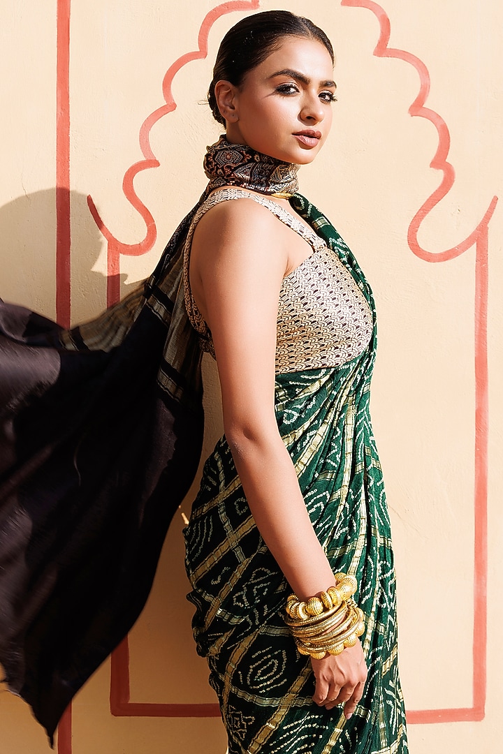 Green Gajji Silk Ajrakh Hand Block Printed Gharchola Bandhani Wedding Saree Set by Geroo Jaipur at Pernia's Pop Up Shop