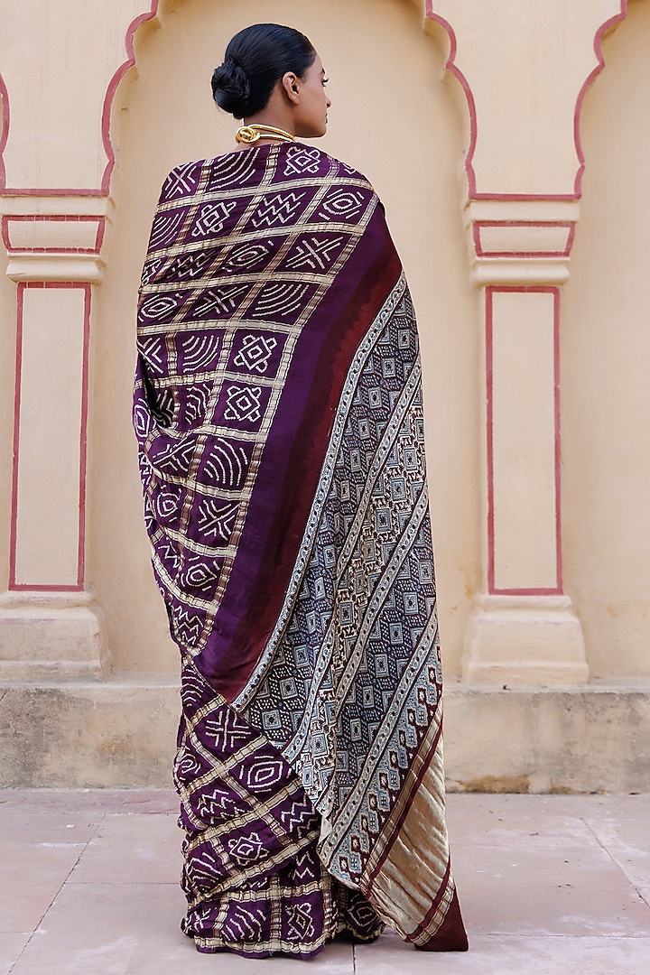 Wine Gajji Silk Ajrakh Hand Block Printed Gharchola Bandhani Wedding Saree Set by Geroo Jaipur at Pernia's Pop Up Shop