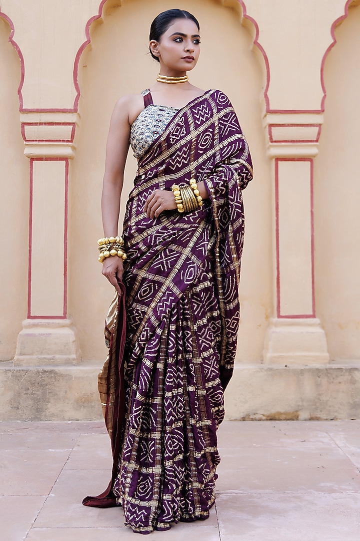 Wine Gajji Silk Ajrakh Hand Block Printed Gharchola Bandhani Wedding Saree Set by Geroo Jaipur at Pernia's Pop Up Shop