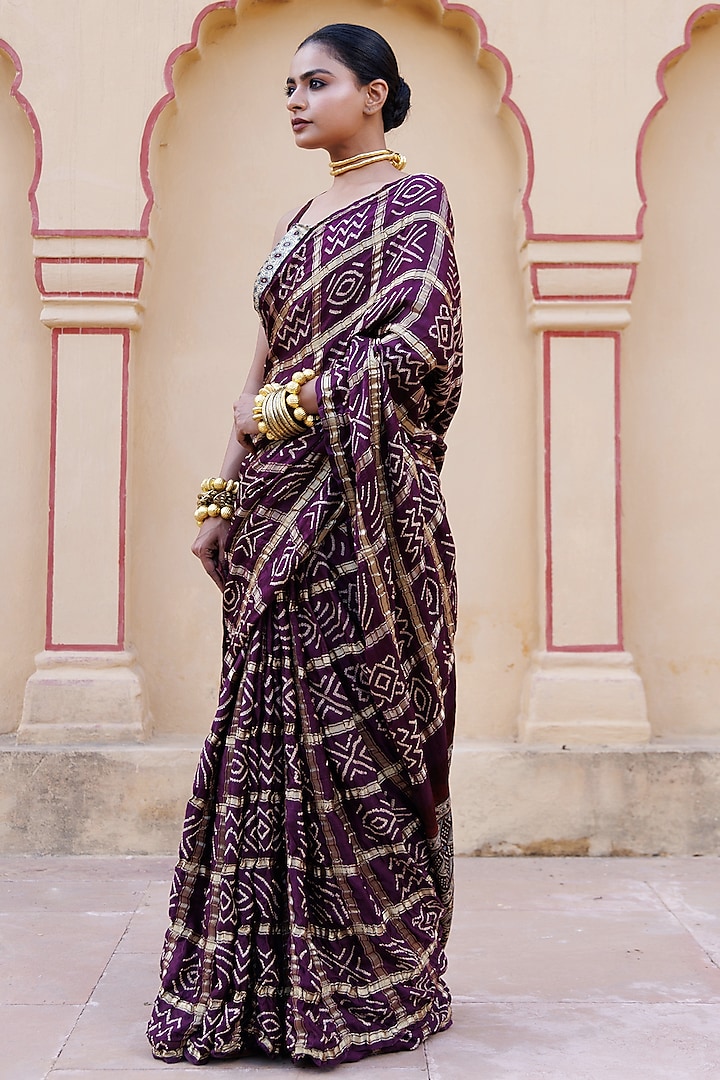 Wine Gajji Silk Ajrakh Hand Block Printed Gharchola Bandhani Wedding Saree Set by Geroo Jaipur at Pernia's Pop Up Shop