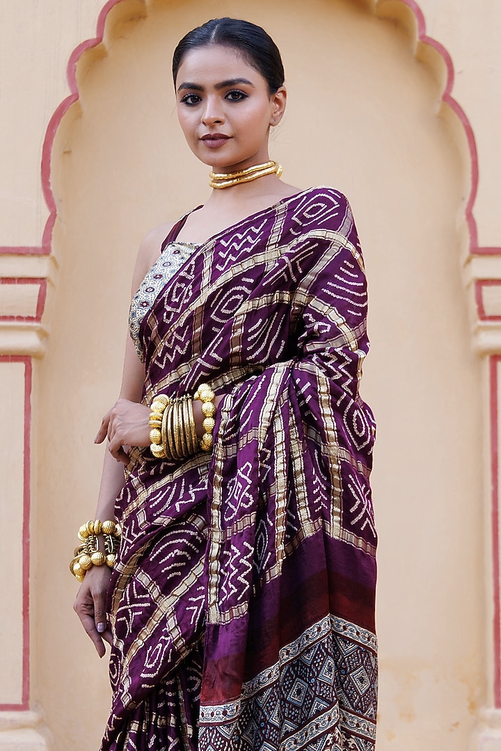 Wine Gajji Silk Ajrakh Hand Block Printed Gharchola Bandhani Wedding Saree Set by Geroo Jaipur at Pernia's Pop Up Shop