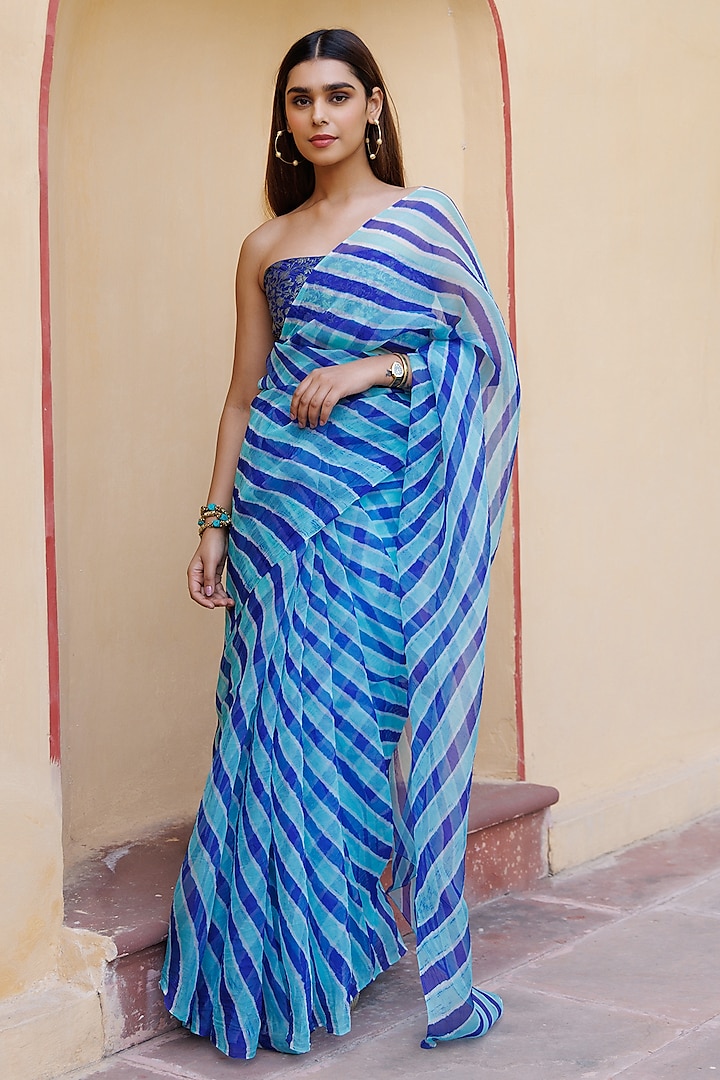 Dark Blue & Turquoise Blue Organza Tie-Dyed Handcrafted Leheriya Saree Set by Geroo Jaipur
