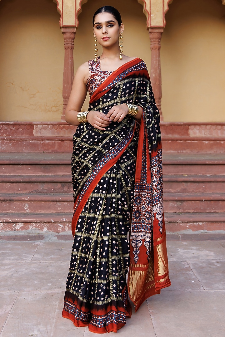 Black & Rust Modal Silk Hand Block Printed Gharchola Bandhani Party Wear Saree Set by Geroo Jaipur at Pernia's Pop Up Shop