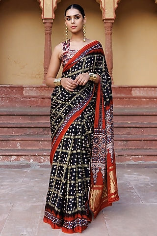 Black & Rust Modal Silk Hand Block Printed Gharchola Bandhani Saree Set by Geroo Jaipur