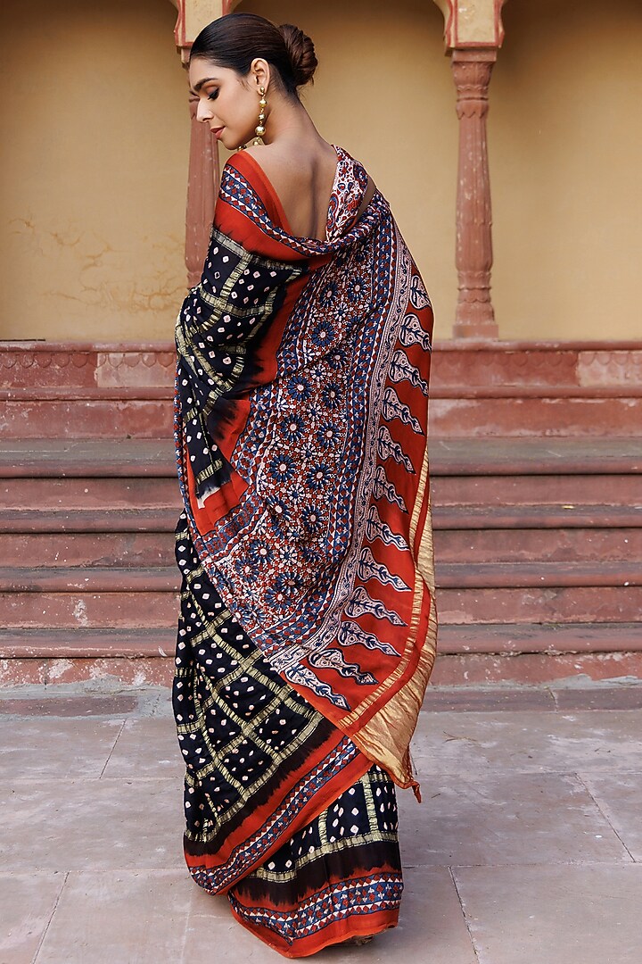Black & Rust Modal Silk Hand Block Printed Gharchola Bandhani Party Wear Saree Set by Geroo Jaipur at Pernia's Pop Up Shop