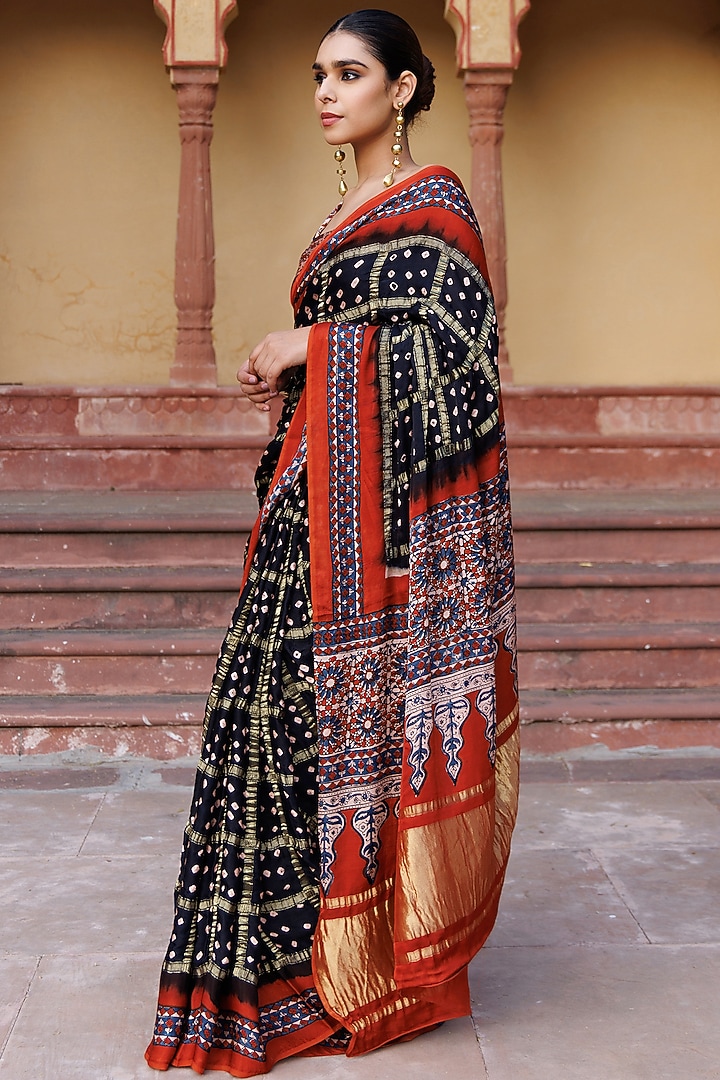 Black & Rust Modal Silk Hand Block Printed Gharchola Bandhani Party Wear Saree Set by Geroo Jaipur at Pernia's Pop Up Shop