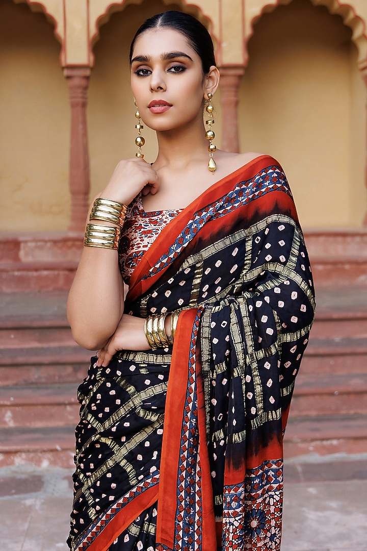Black & Rust Modal Silk Hand Block Printed Gharchola Bandhani Party Wear Saree Set by Geroo Jaipur at Pernia's Pop Up Shop
