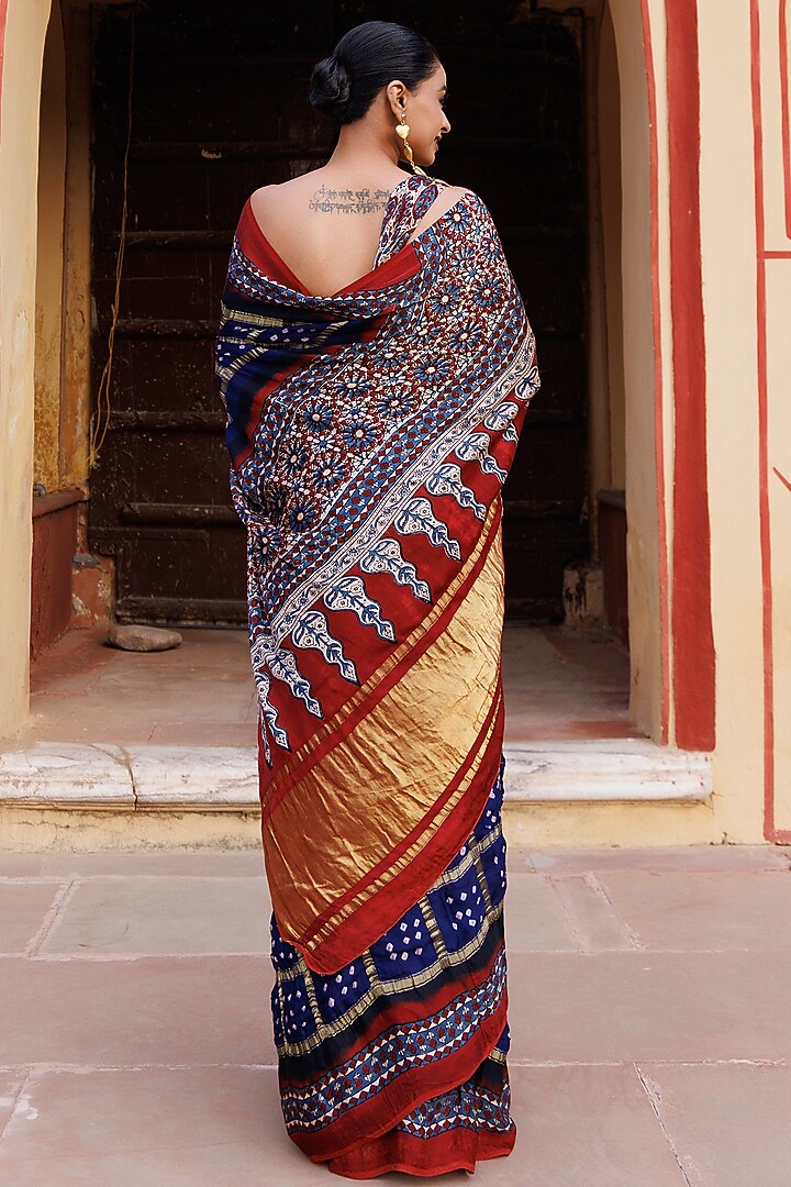 Blue & Maroon Modal Silk Ajrakh Hand Block Printed Gharchola Bandhani Party Wear Saree Set by Geroo Jaipur at Pernia's Pop Up Shop