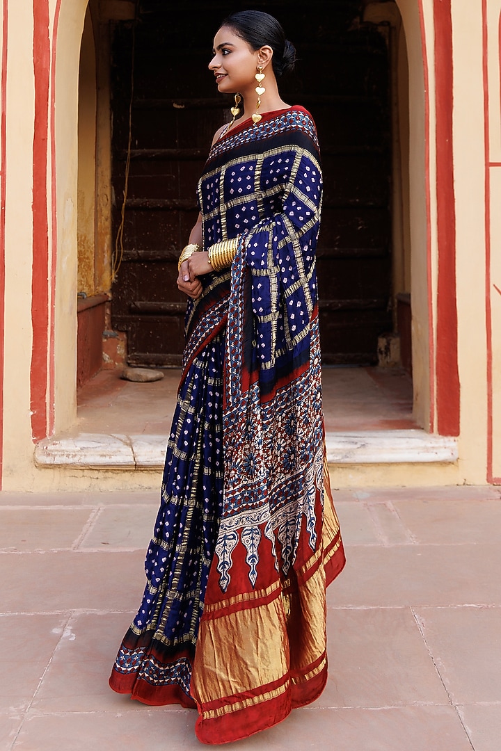 Blue & Maroon Modal Silk Ajrakh Hand Block Printed Gharchola Bandhani Party Wear Saree Set by Geroo Jaipur at Pernia's Pop Up Shop