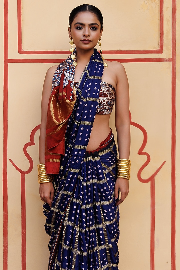 Blue & Maroon Modal Silk Ajrakh Hand Block Printed Gharchola Bandhani Party Wear Saree Set by Geroo Jaipur at Pernia's Pop Up Shop
